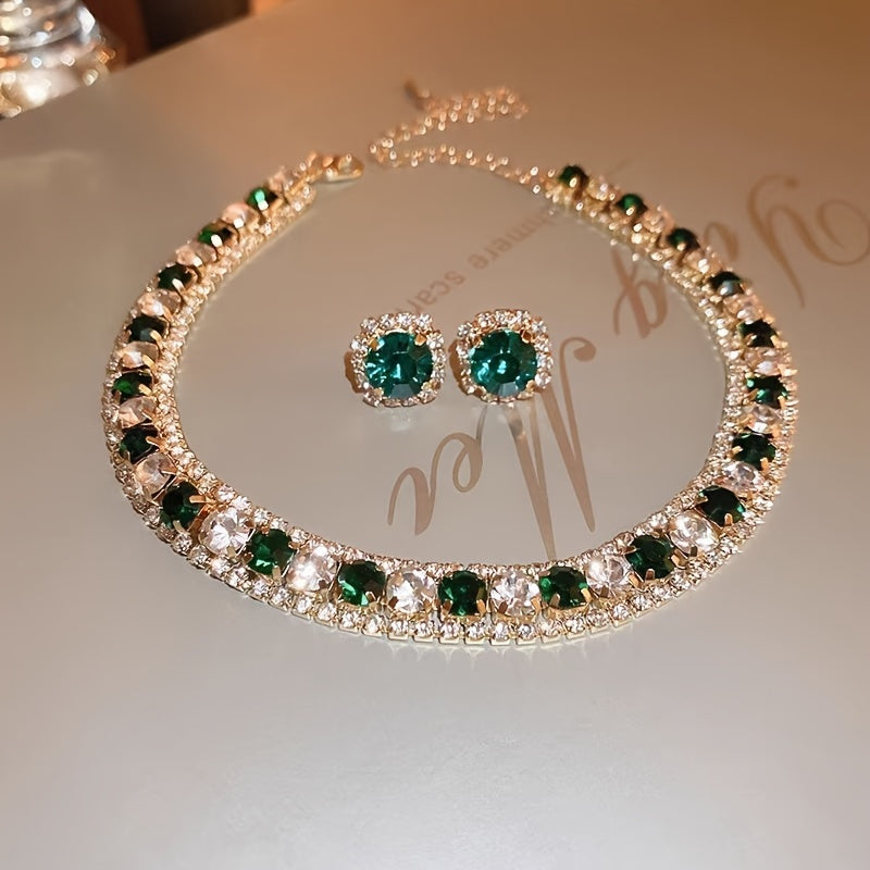 Green Rhinestone Necklace and Earrings Set for Women with Sterling Silver Posts
