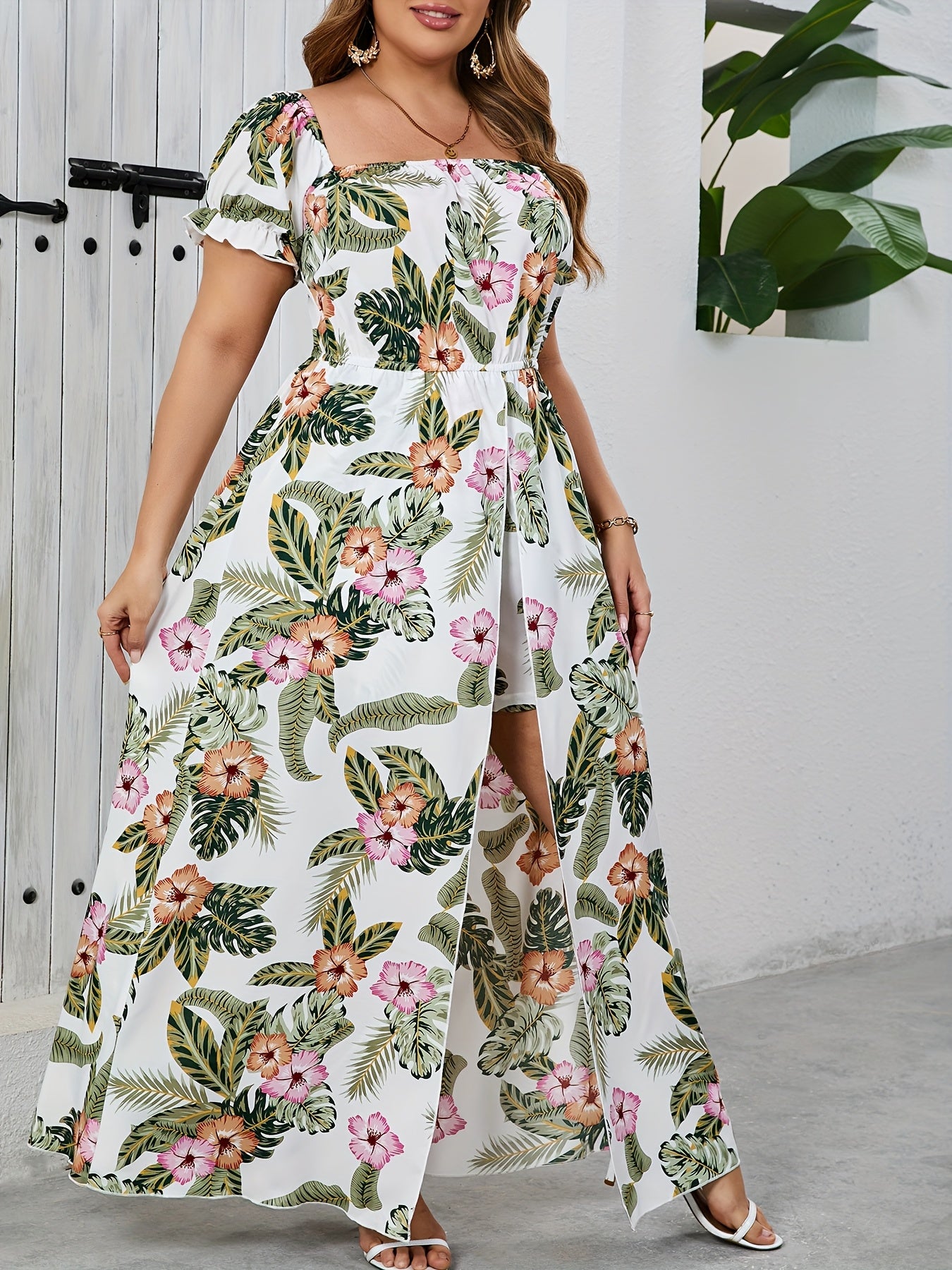 Women's Plus Size Tropical Print Off-Shoulder Jumpsuit with Short Sleeves