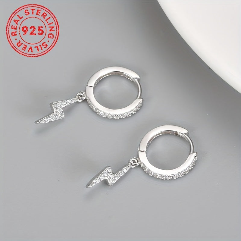 Sterling Silver Punk Earrings with Lightning Bolt Zirconia Pendants for Daily Wear