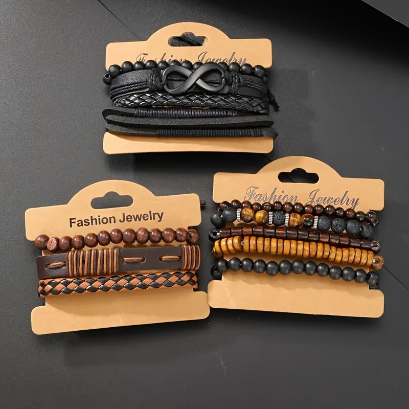 12-Donali vintage ilhomlangan taqinchoq to'plami, to'qilgan faux charm bilan, piyoda ko'zli tiger eye tishlari va oy toshli inlay bilan erkaklar uchun