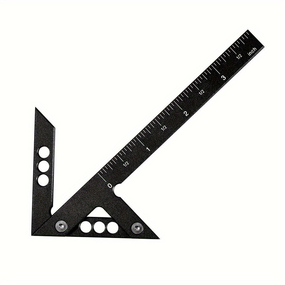 Regla de carpintería de aleación de aluminio azul con centro de marcado y medidas en pulgadas y cm