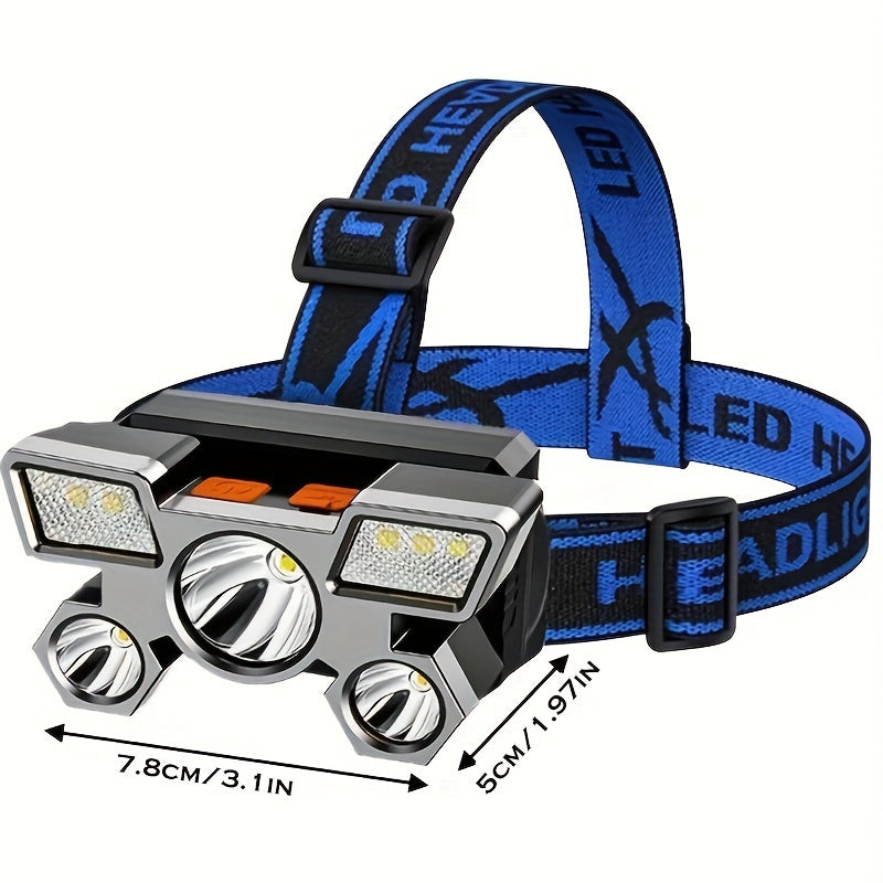 USB Rechargeable Headlamp with 5 LEDs, Dimmable, Hands-Free, Outdoor Camping Fishing Hunting