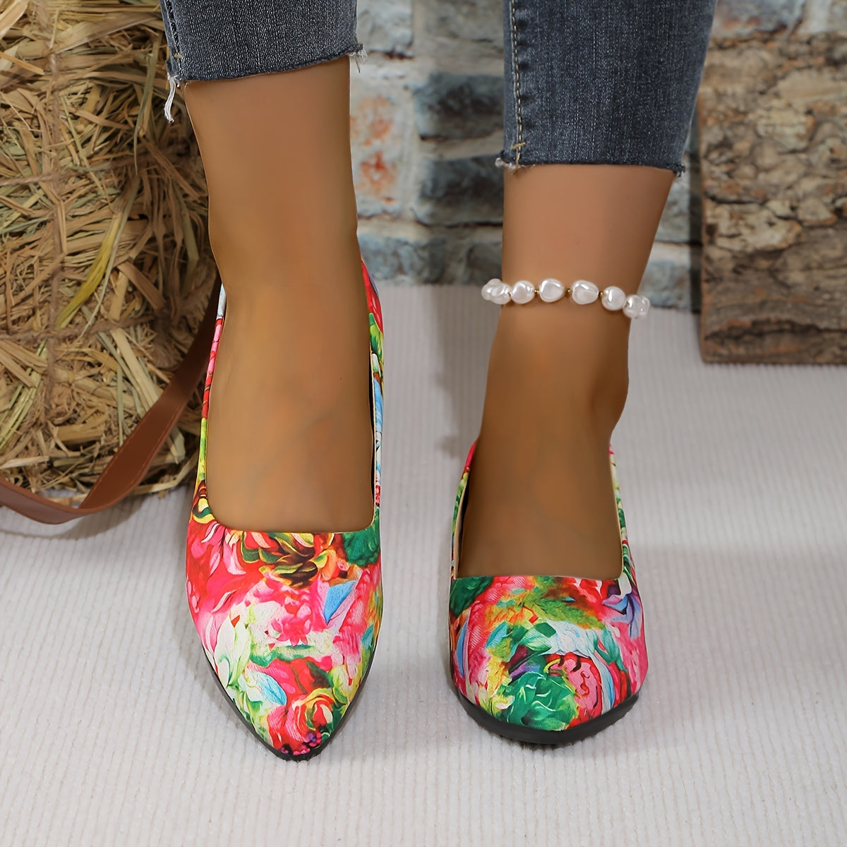 Women's Floral Print Pointed Toe Flats Soft Fabric Slip-On Shoes for Casual or Formal Wear