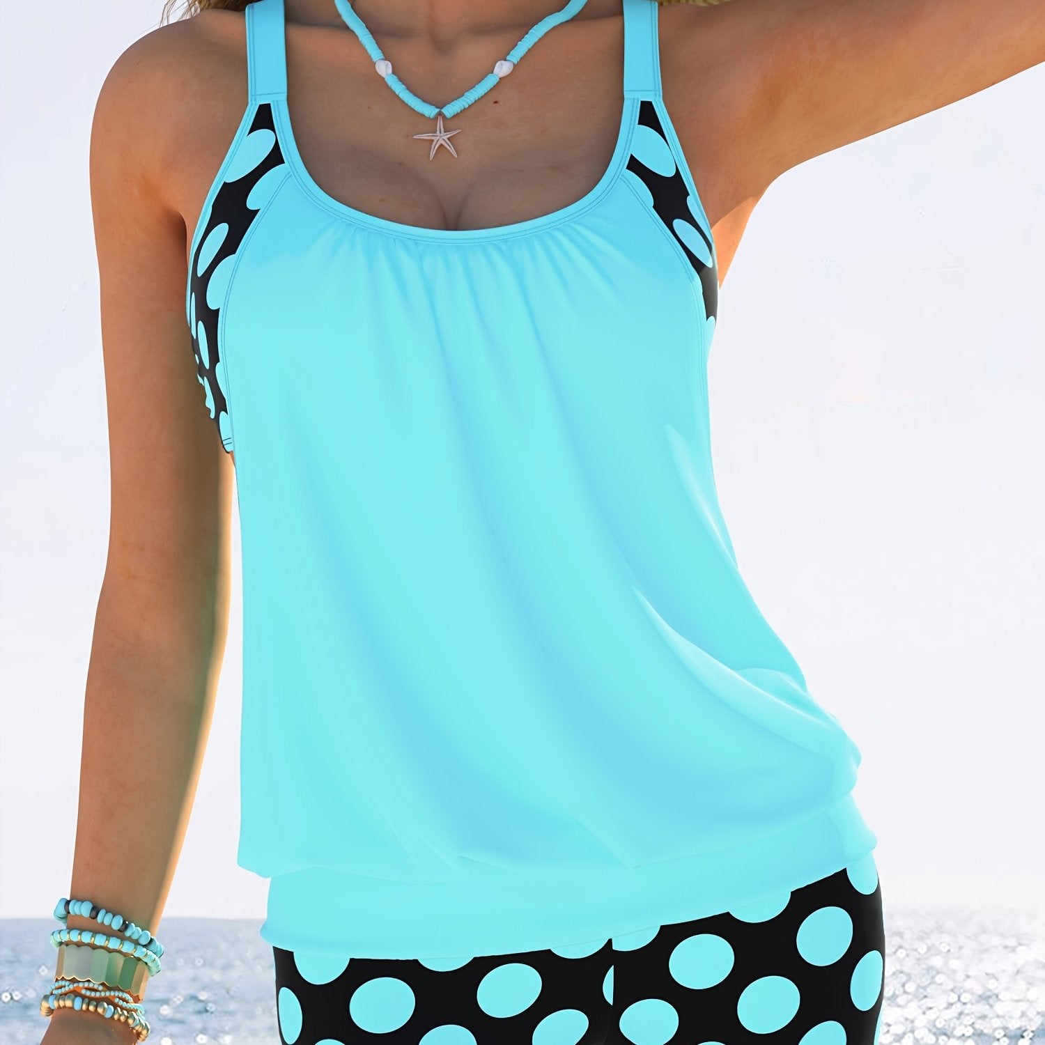 Polka Dot Tankini Set for Women High Stretch Polyester Swimsuit