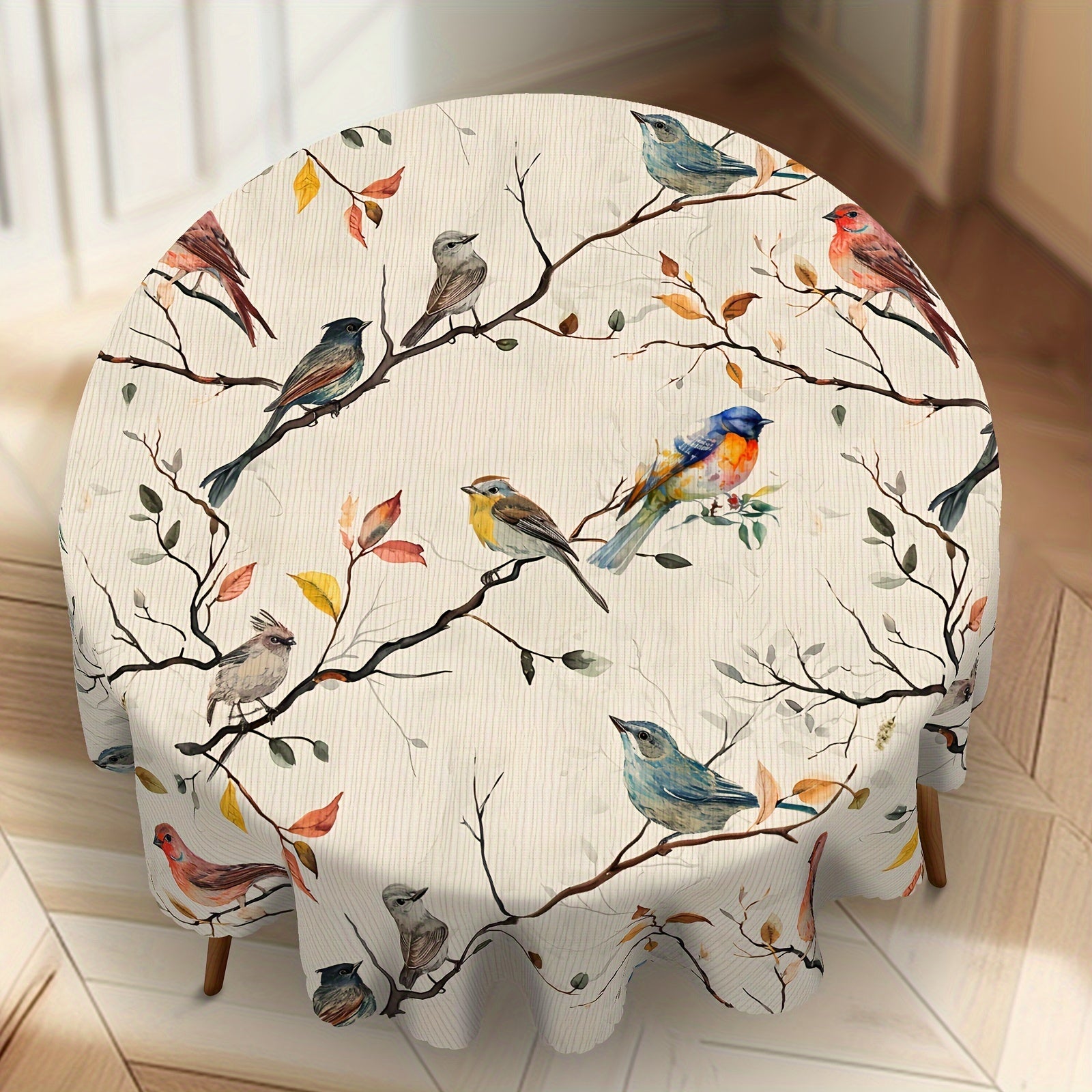 Floral and Bird Design Waterproof Polyester Tablecloth for Indoor and Outdoor Use