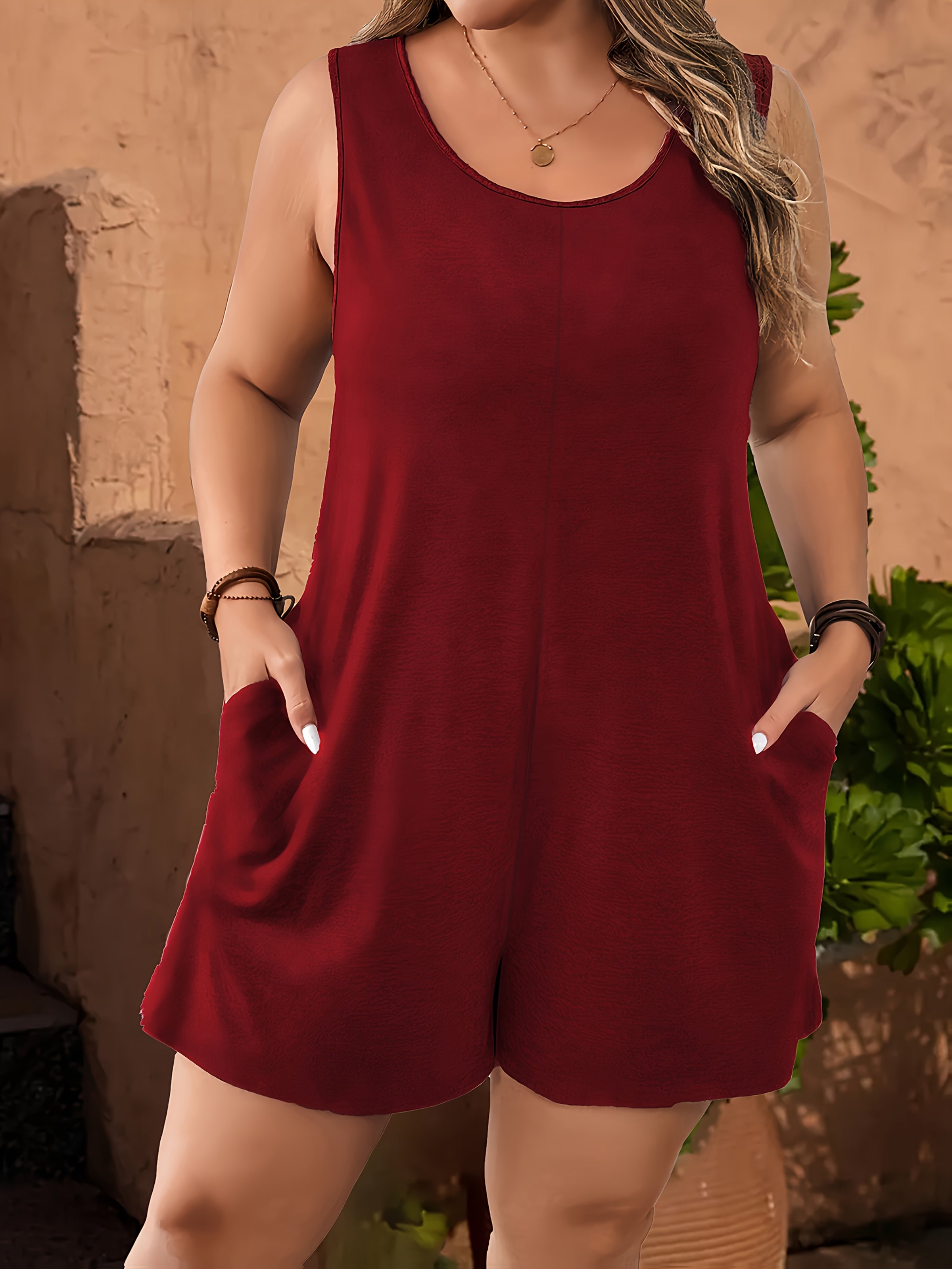 Women's Plus Size Sleeveless Jumpsuit with Pockets Solid Color Summer Casual