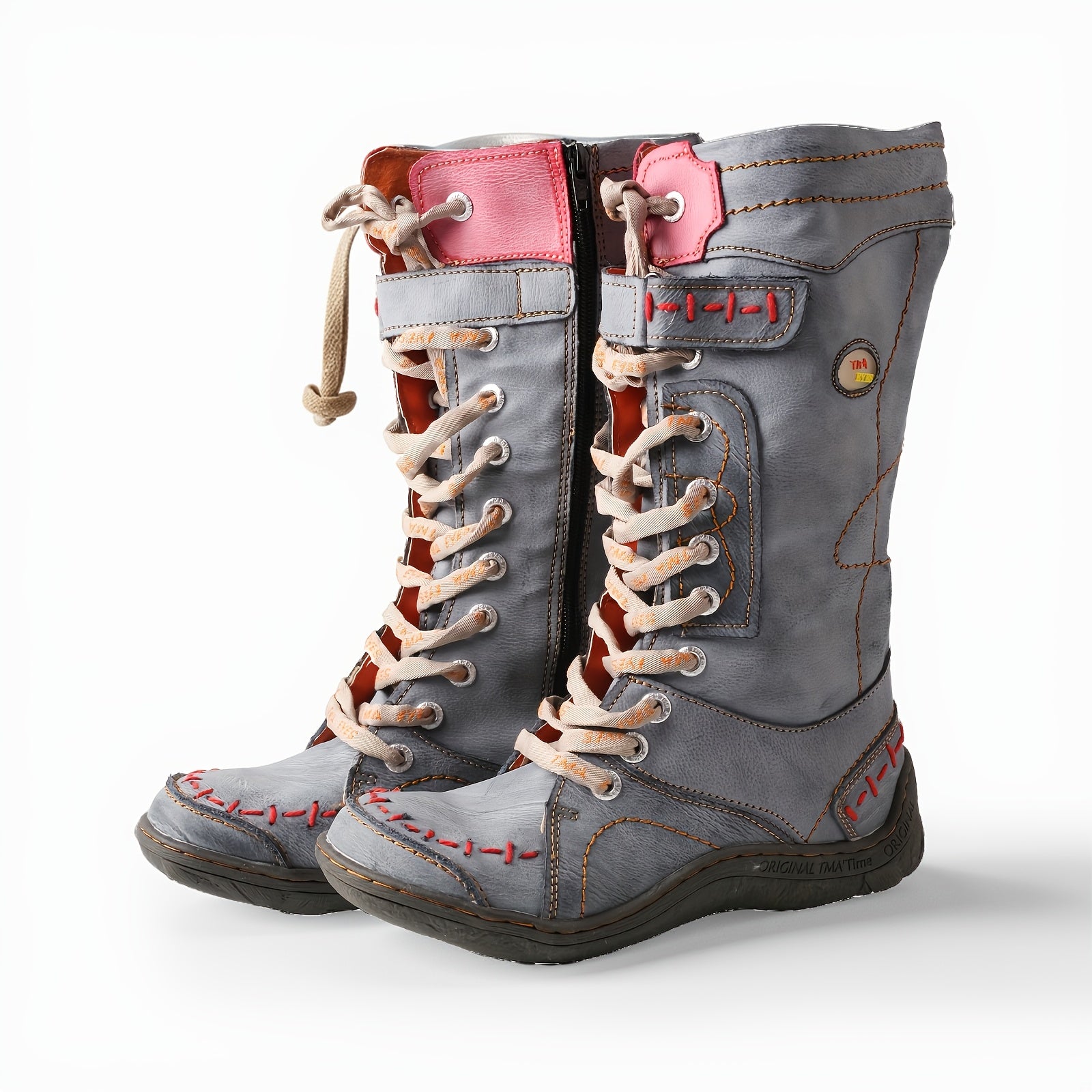 Women's High-Top Leather Lace-Up Hiking Boots with Colorful Accents