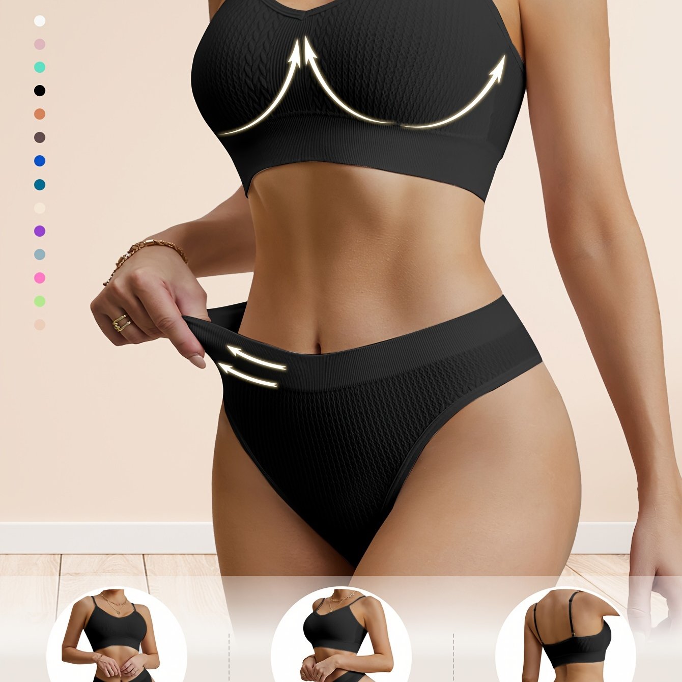 Женский комплект нижнего белья из двух предметов с пуш-ап бюстгальтером, без проволоки, сексуальными подтяжками и красивой отделкой спины.