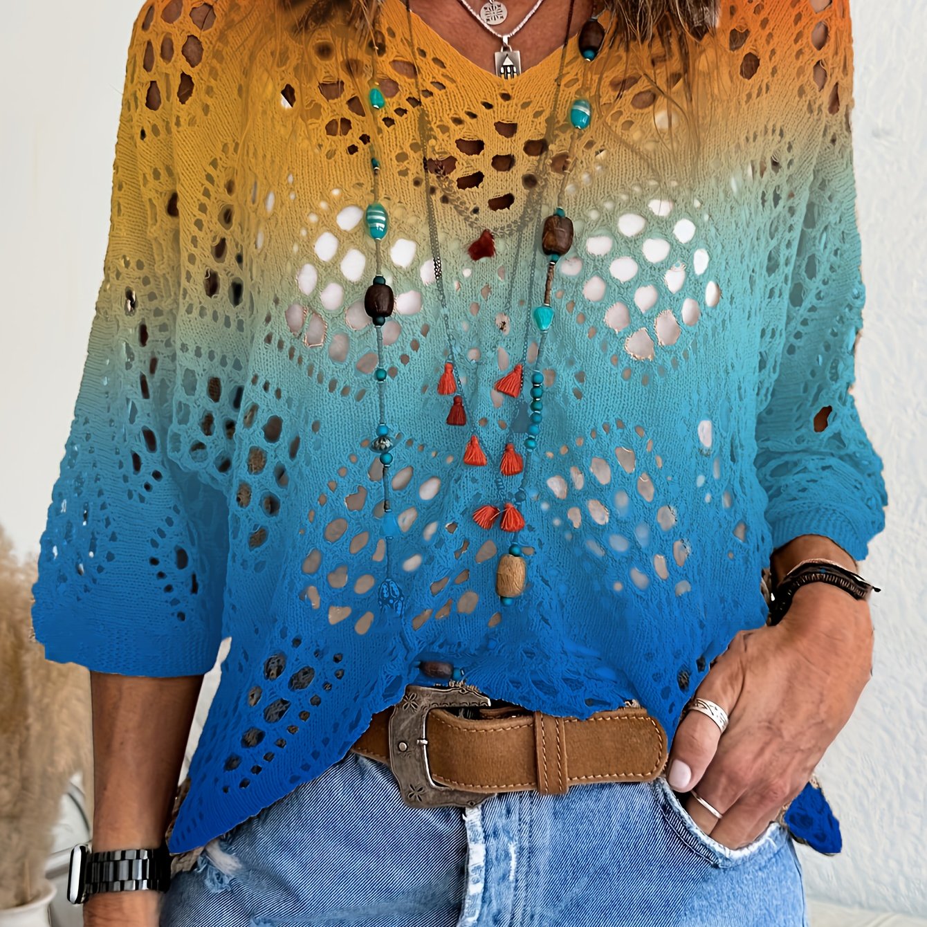 Women's Bohemian V-Neck Knit Top Spring Summer Colorful Gradient Lightweight