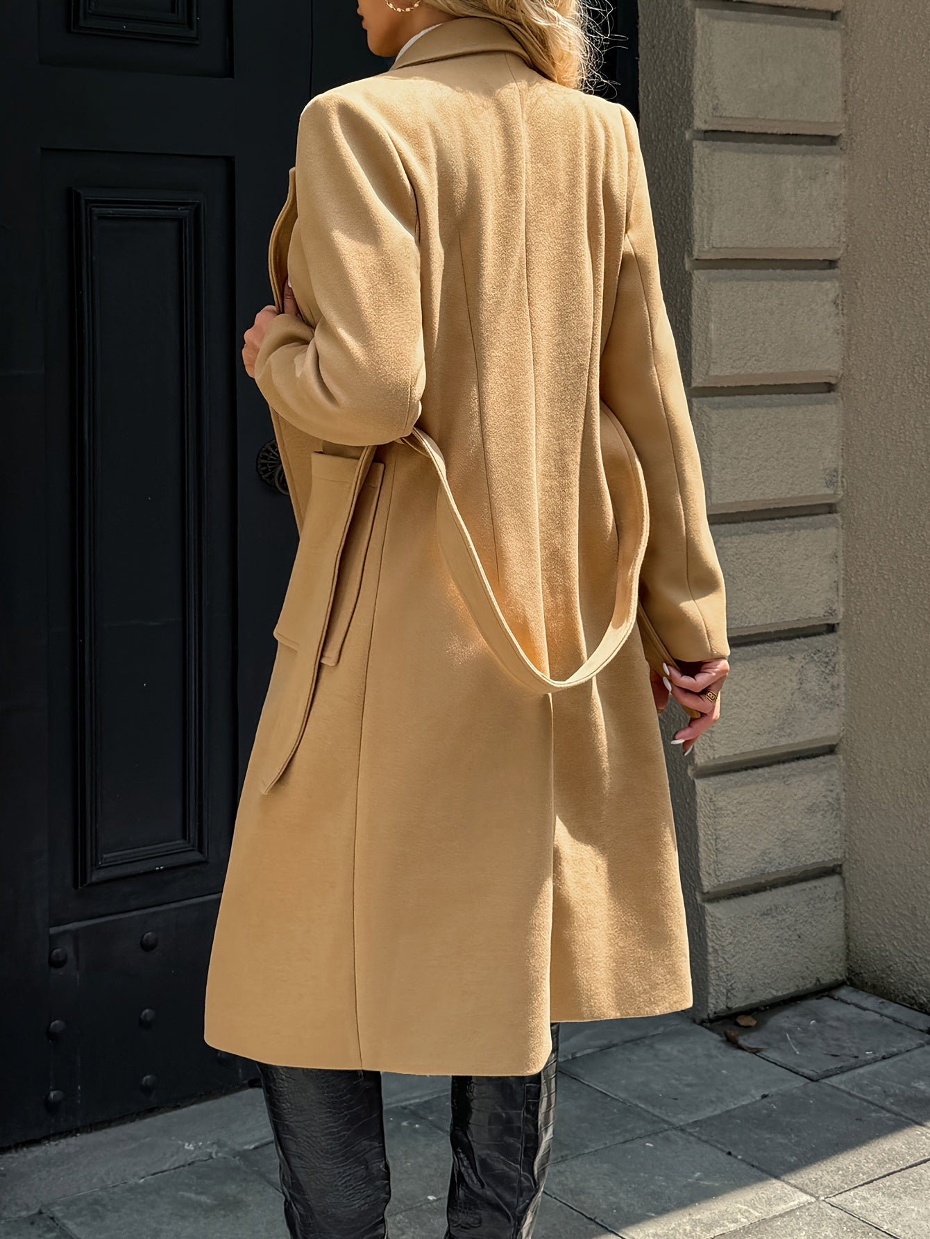 Long Polyester Coat with Belt Solid Color Fall Winter Woven Regular Sleeve