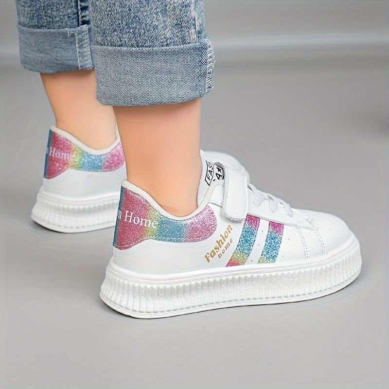 Kids Casual Sneakers with Stripe Design, PU Upper, Rubber Sole, Hook and Loop Fastener, Unisex