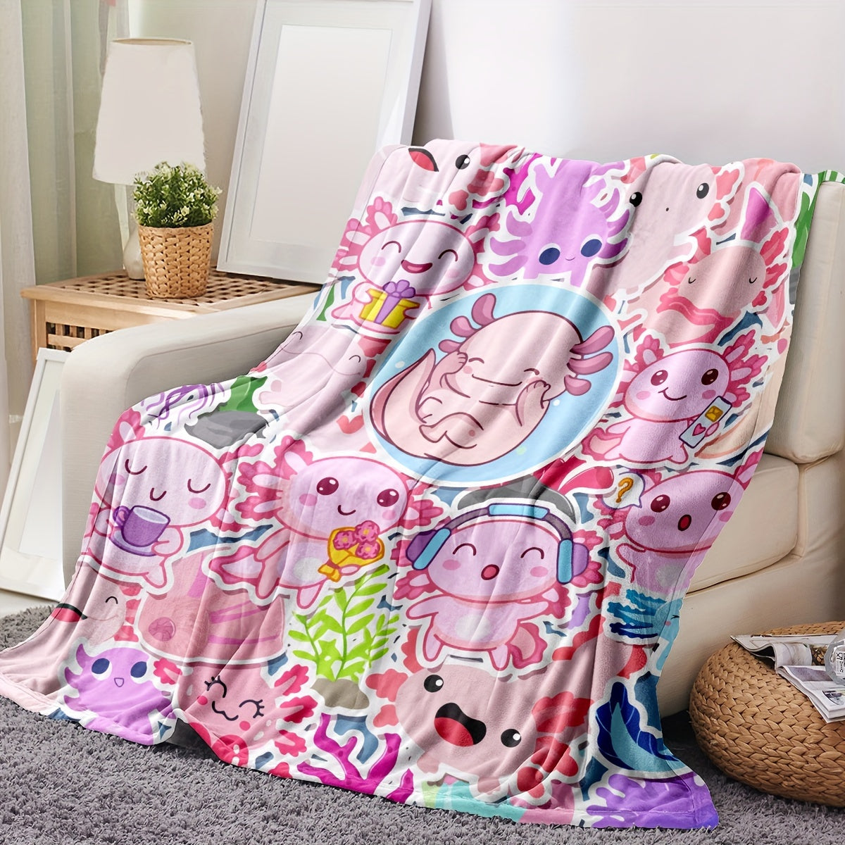 Pink Axolotl Digital Printing Flannel Blanket for All Seasons