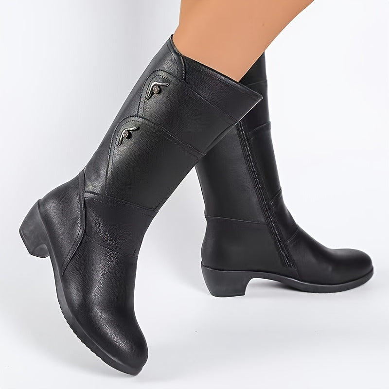 Women's Fleece-Lined Mid-Calf Ankle Boots with Zipper, Chunky Heel, Black