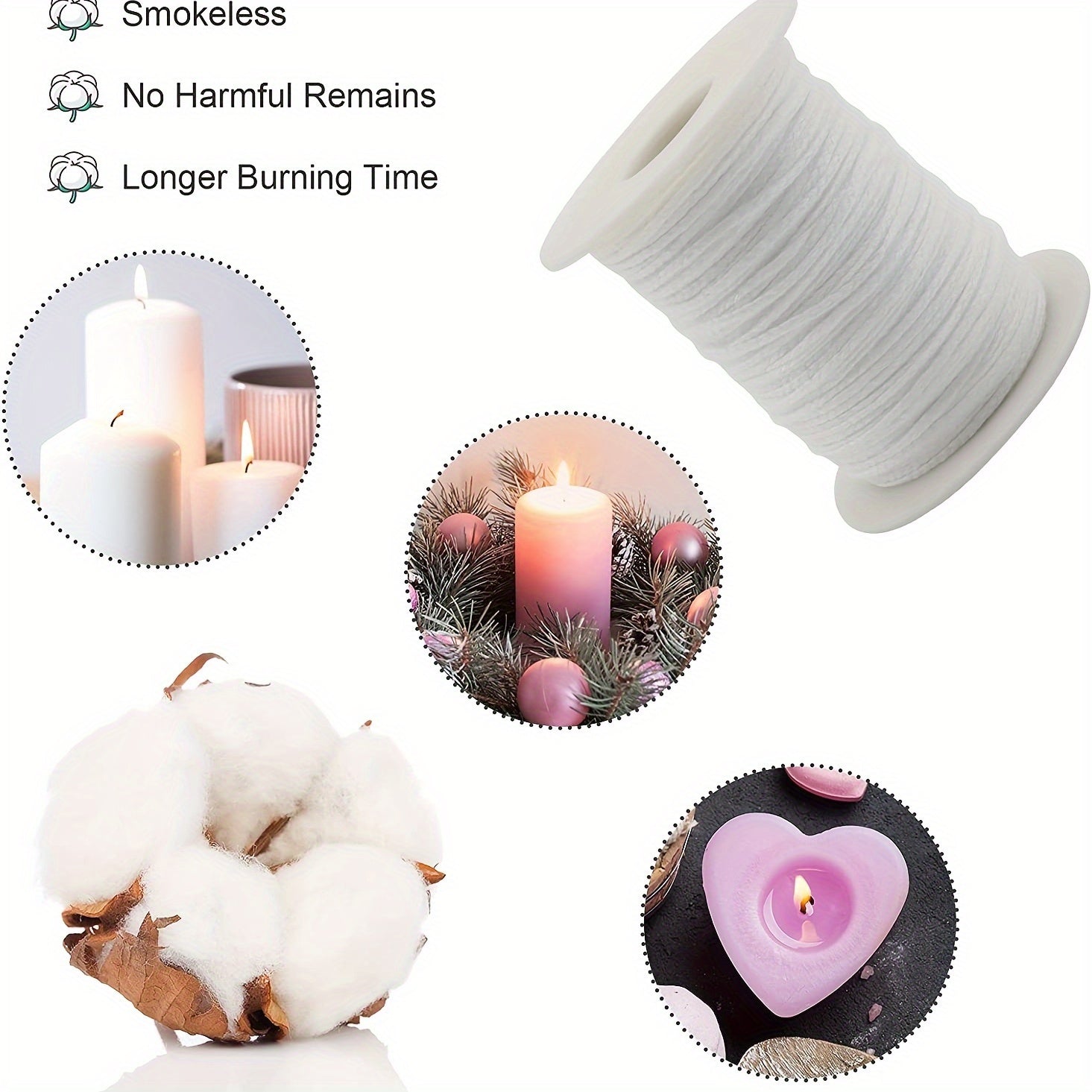 60.96 Meter Cotton Braided Candle Wicks with Core Spool and Metal Sustainer Tabs for DIY Candle Making