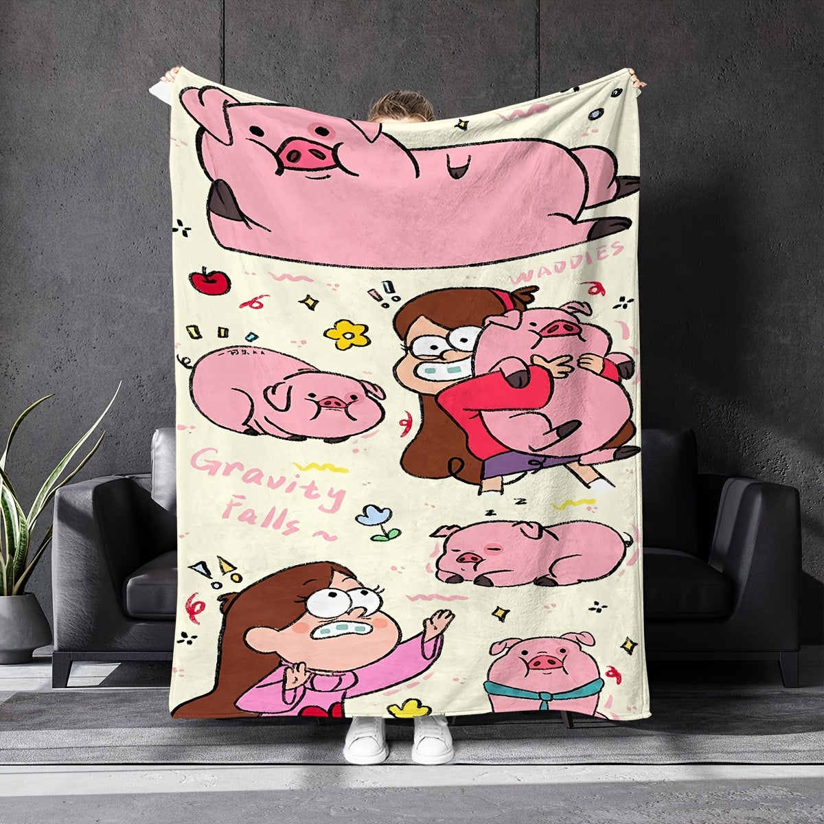 Knitted Throw Blanket with Gravity Falls Pig and Girl Print for All-Season Home Decor