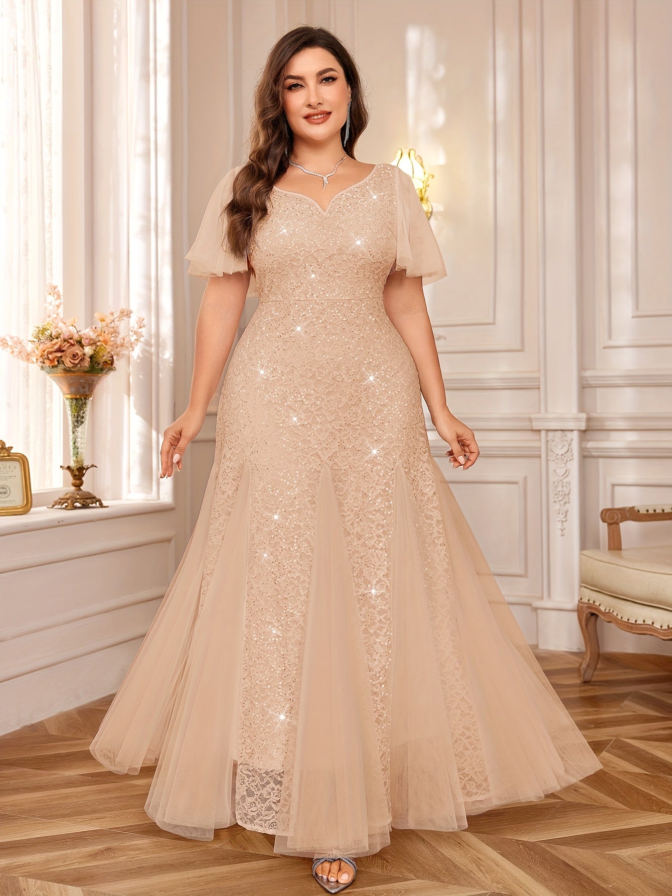 Vestido largo de encaje para mujer talla grande sin mangas con escote en V y dobladillo acampanado para boda