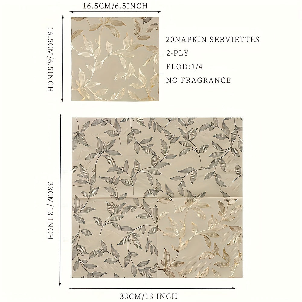 Pack of 60 Gold Leaf Pattern Square Paper Napkins 2-Ply Disposable 33cm