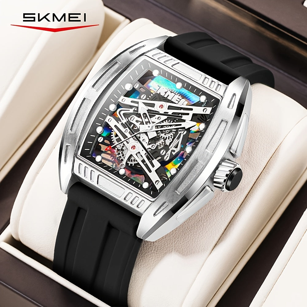 Reloj de cuarzo para hombre con esfera hueca, caja en forma de barril, resistente al agua, correa de silicona y luz nocturna