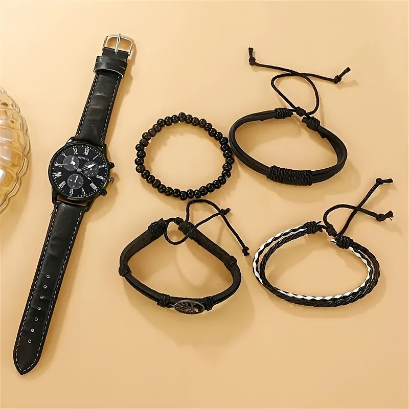 Set of 5 Casual Men's Quartz Watches with PU Leather Straps and Tree of Life Jewelry