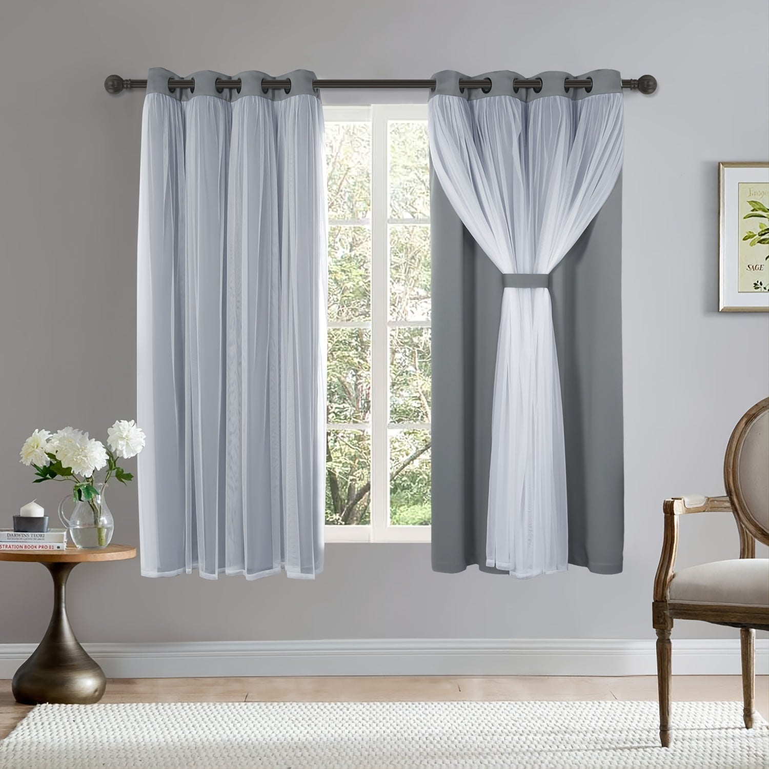 Grey Blackout Curtains with White Sheer Voile Double Layer Grommet Bedroom Window Treatment