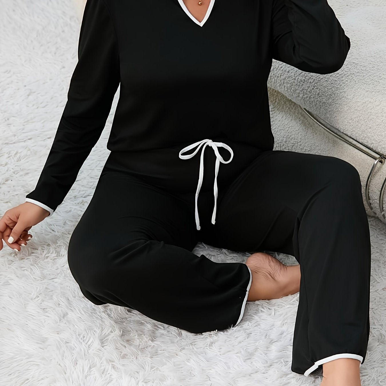 Plus Size Lounge Set Women Notched Neck Long Sleeve Tee & Lace Up Pants