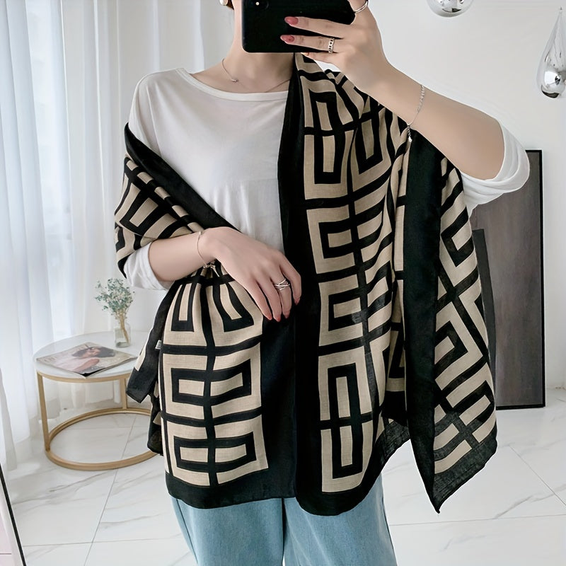 Women's Geometric Maze Scarf Breathable Lightweight Beige Black Sun Protection