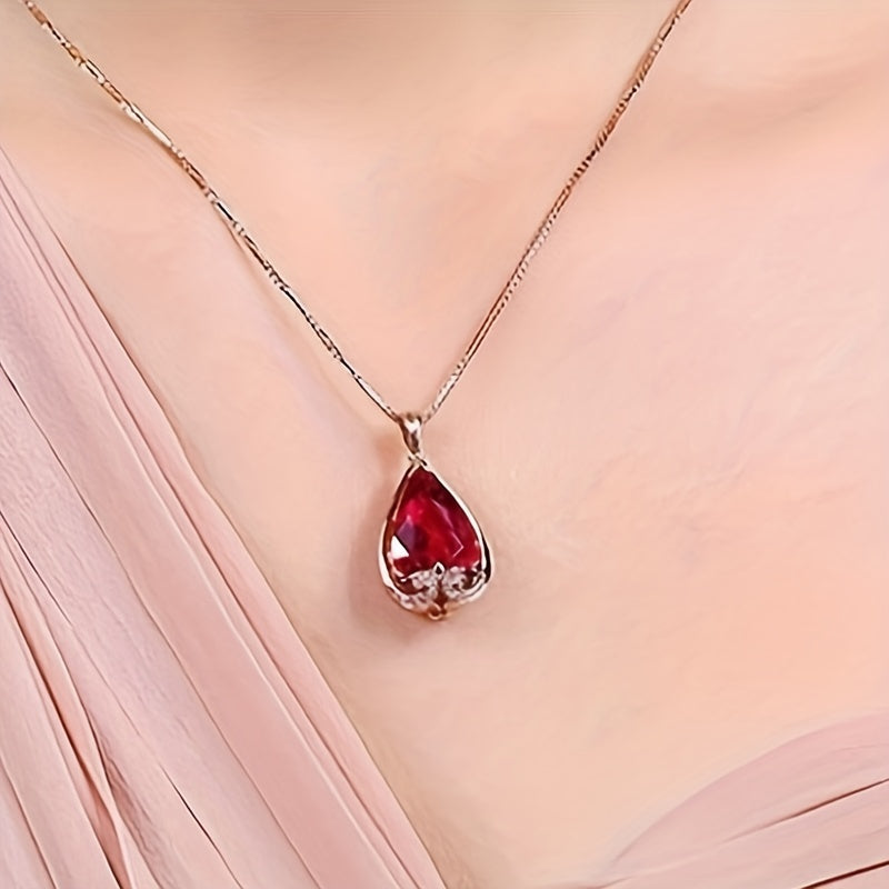 Water Drop-Shaped Rose Gold Pendant Necklace with Pigeon Blood Red and Sapphire Stones for Women