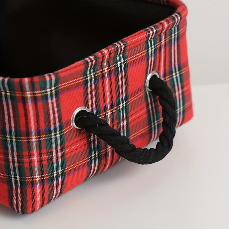 Festive Plaid Storage Basket with Handles for Holiday Decorations and Gifts