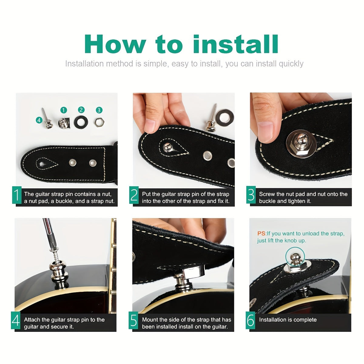 Juego de 2 cerraduras de correa de guitarra de aleación con botones de liberación rápida negro y dorado