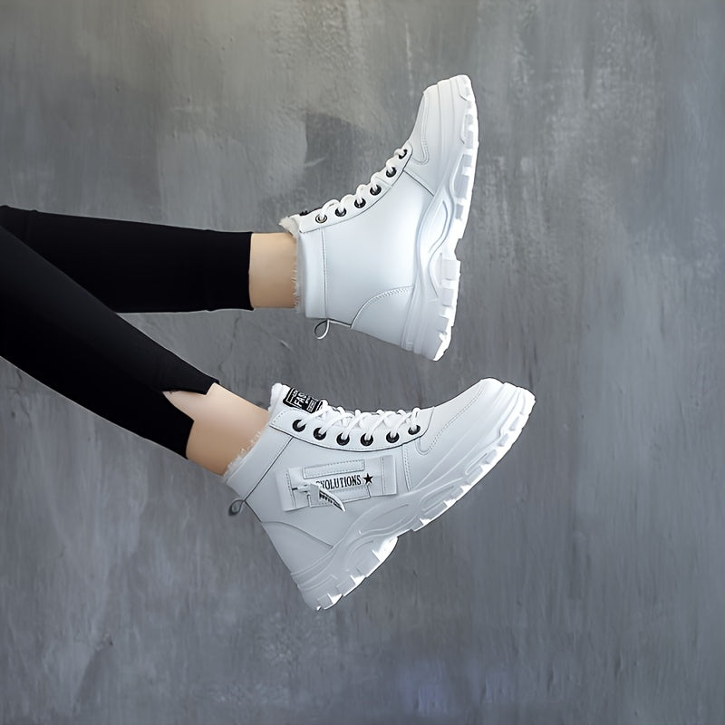 Botas altas de invierno para mujer con forro de piel sintética, impermeables y con cordones blancas