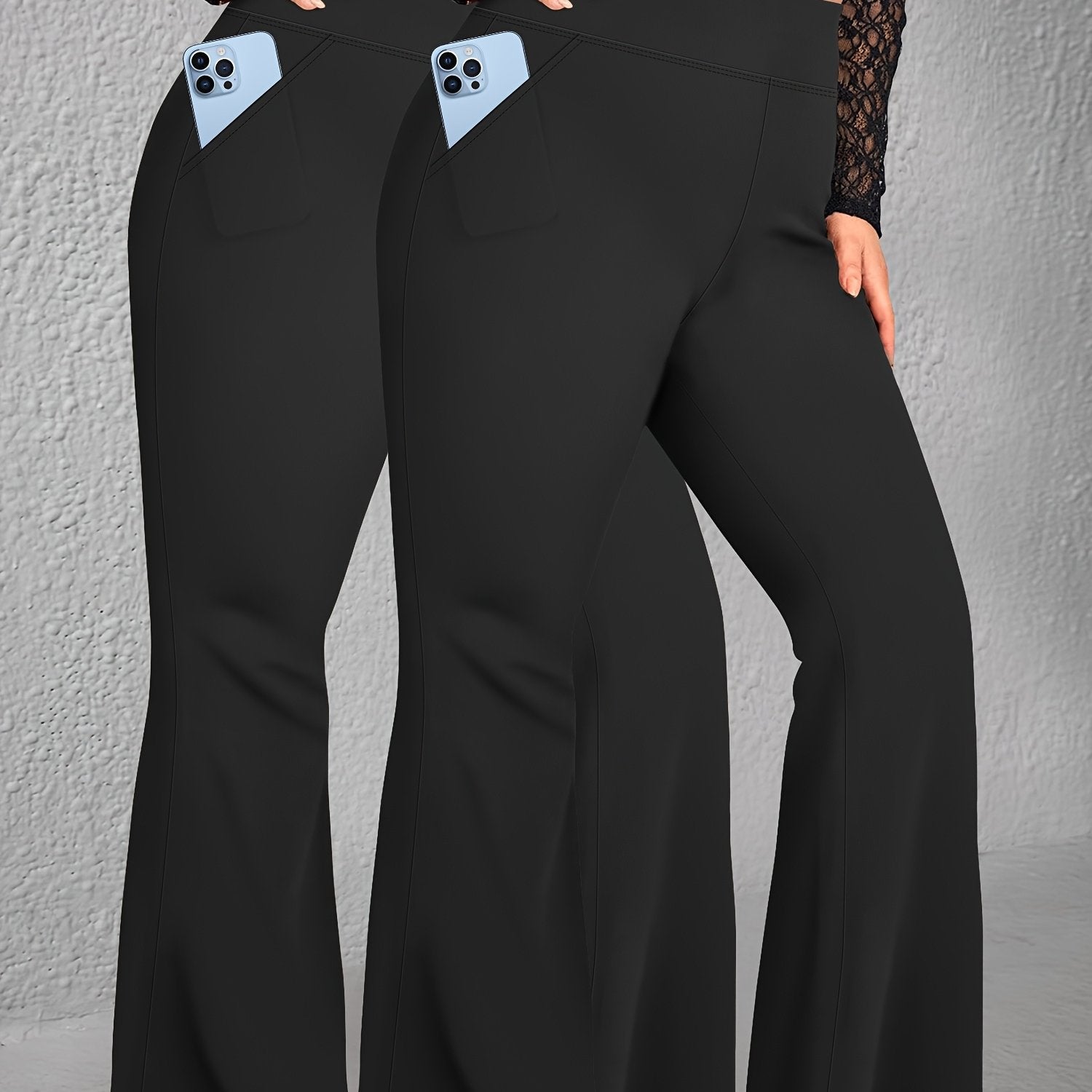 Plus Size High-Waist Flare Pants with Pockets - Stretchy Comfortable All Seasons