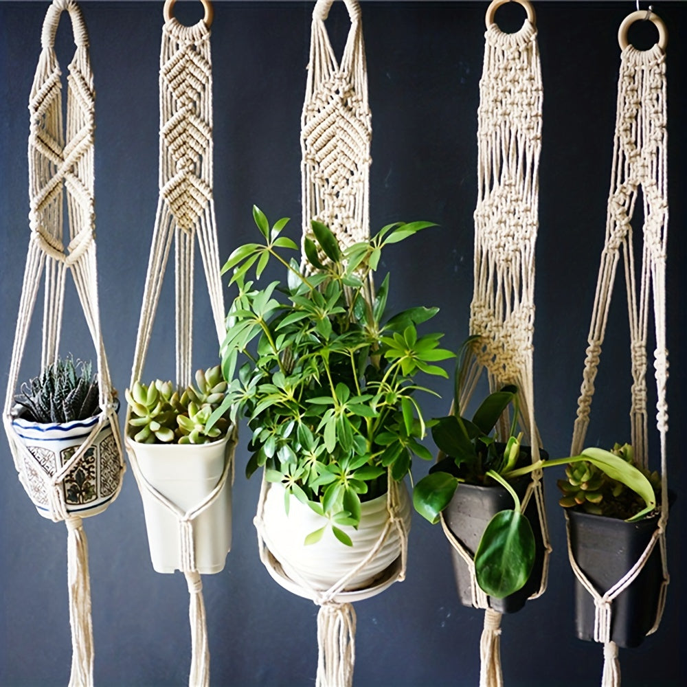 Set of 5 Macrame Plant Hangers Indoor Boho Style with Support Rack and Hanging Pots