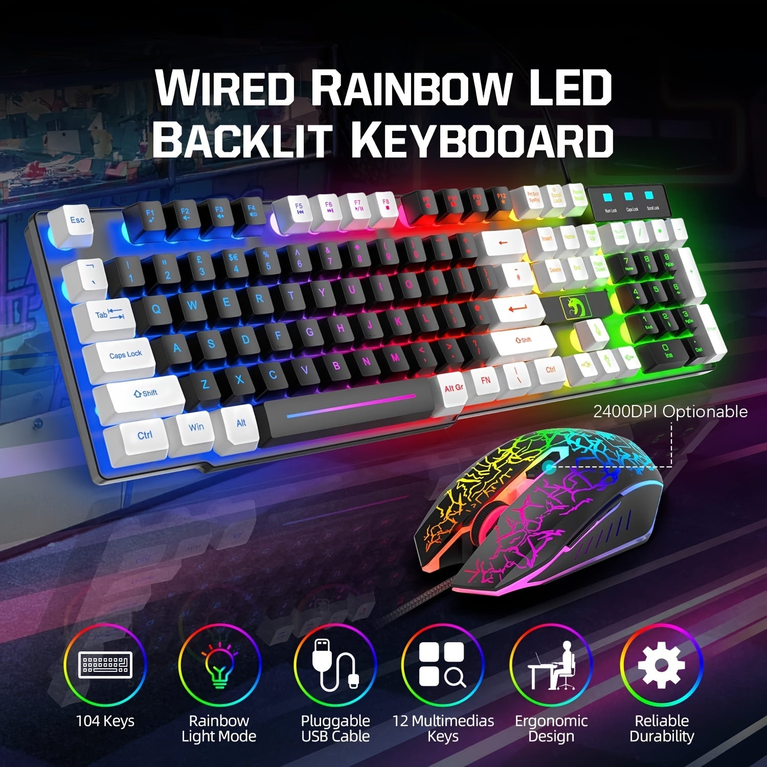 4-in-1 Gaming Bundle with Rainbow LED Backlit Keyboard Mouse Headset and Mousepad