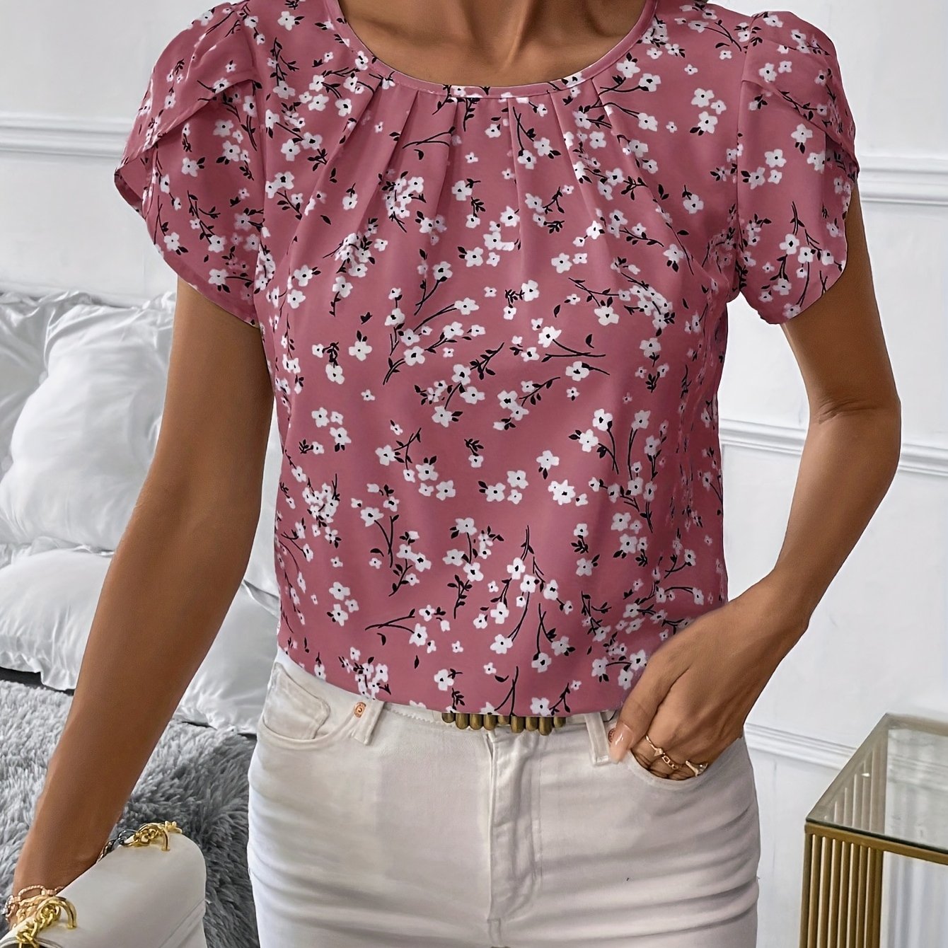 Plus Size Women's Floral Print Ruffled Blouse Casual Summer Shirts