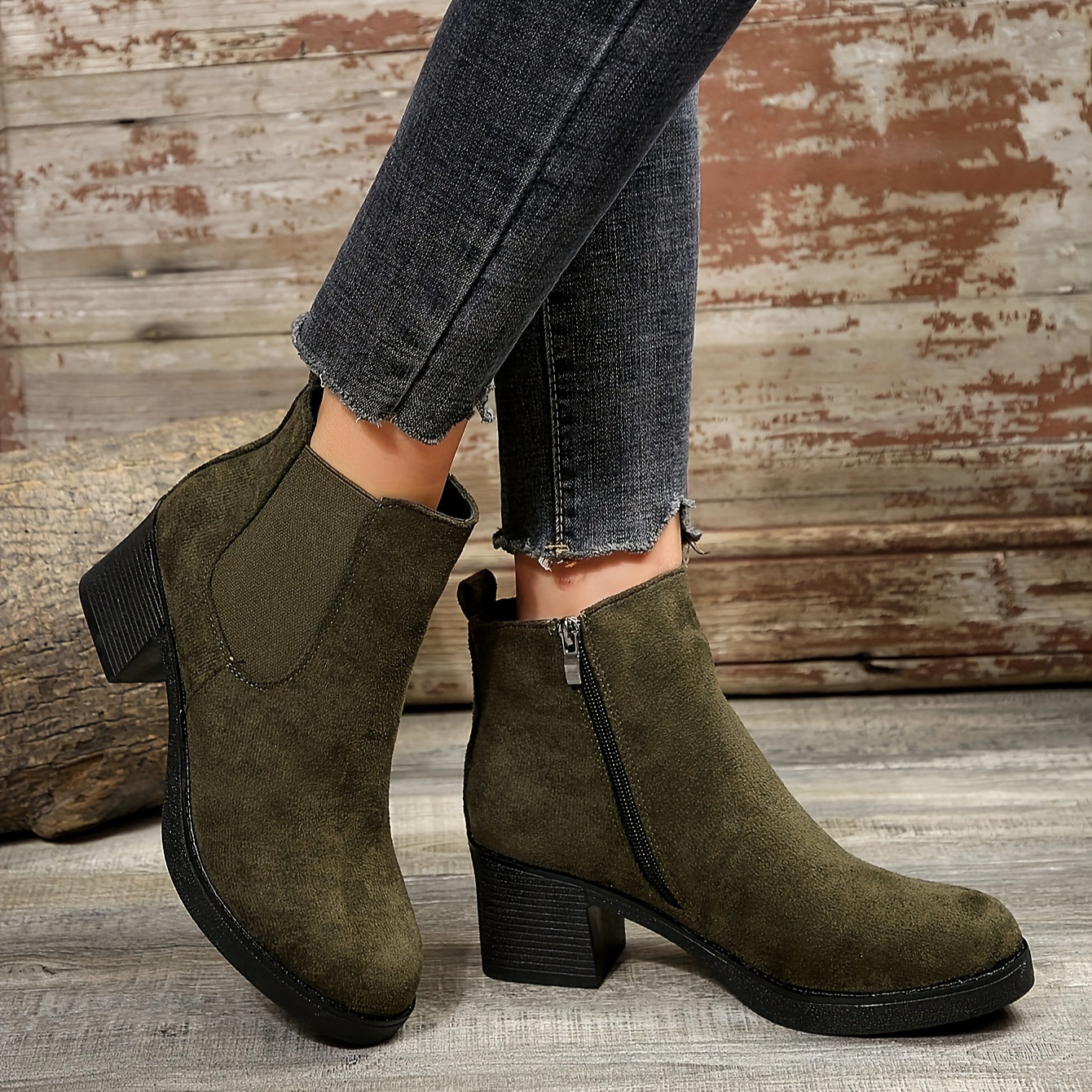 Women's Deer Chunky Heel Ankle Boots Black Non-Slip Warm Lined Short Boots