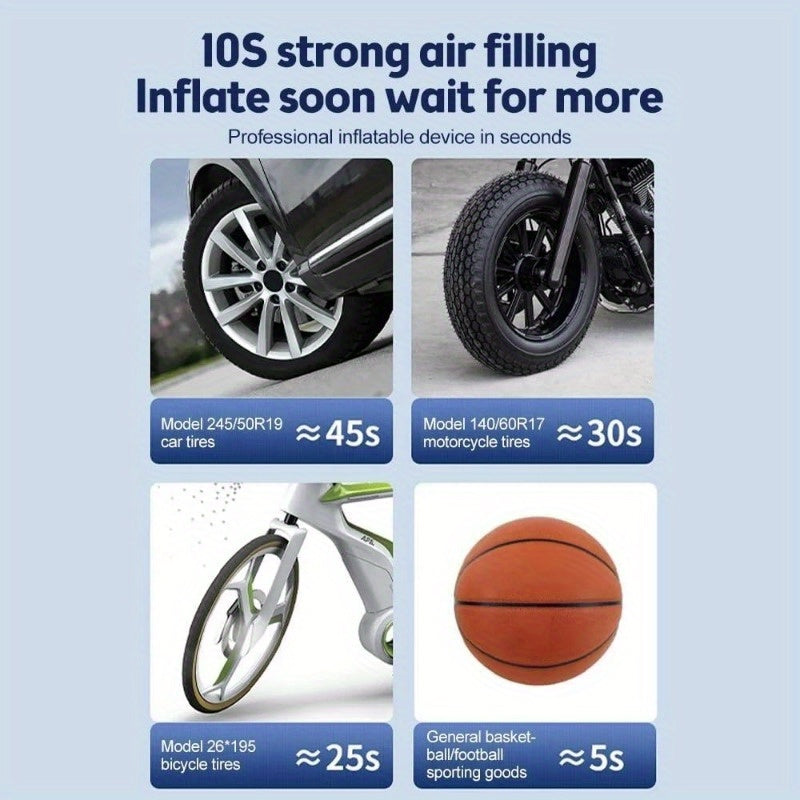 Портативный насос для шин 150PSI с LED-экраном, перезаряжаемая батарея, USB-зарядка, для автомобилей и спортивного оборудования.