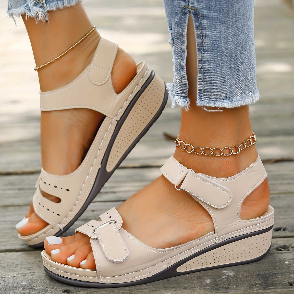 Women's Solid Color Wedge Sandals Open Toe Platform Ankle Strap