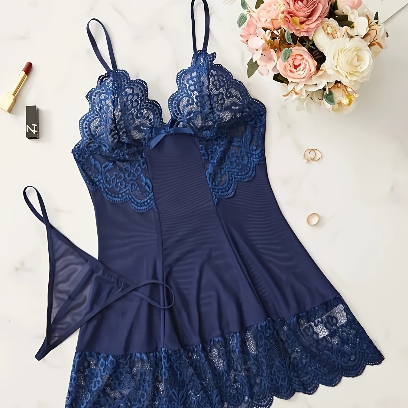 Women's Lace Nightgown Set with Thong, Seductive, Adjustable Straps