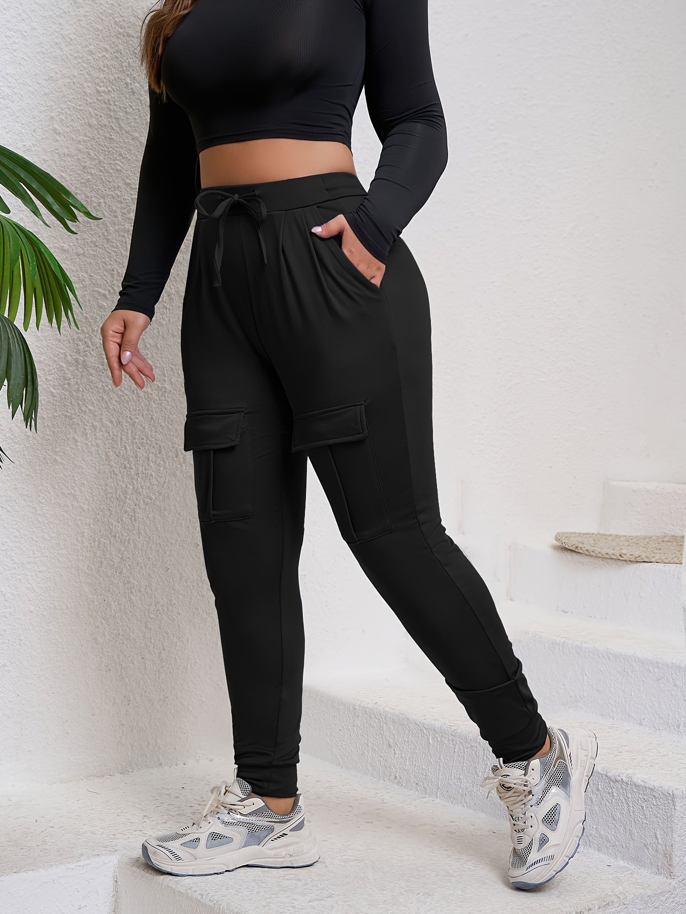 Plus Size Elastic Waist Cargo Joggers Black Casual Work Pants