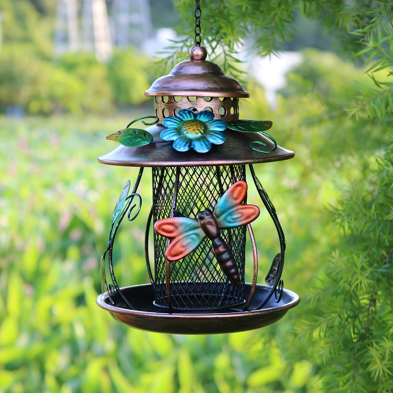 Metal Mesh Bird Feeder with Dragonfly and Flower Accents Outdoor Hanging Decor