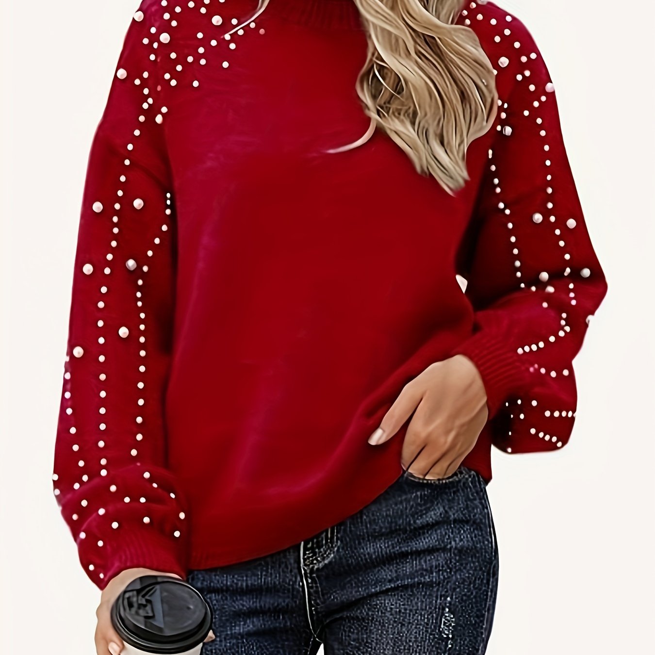 Plus Size Women's Knitted Sweater with Faux Pearl Decor Long Sleeve Pullover