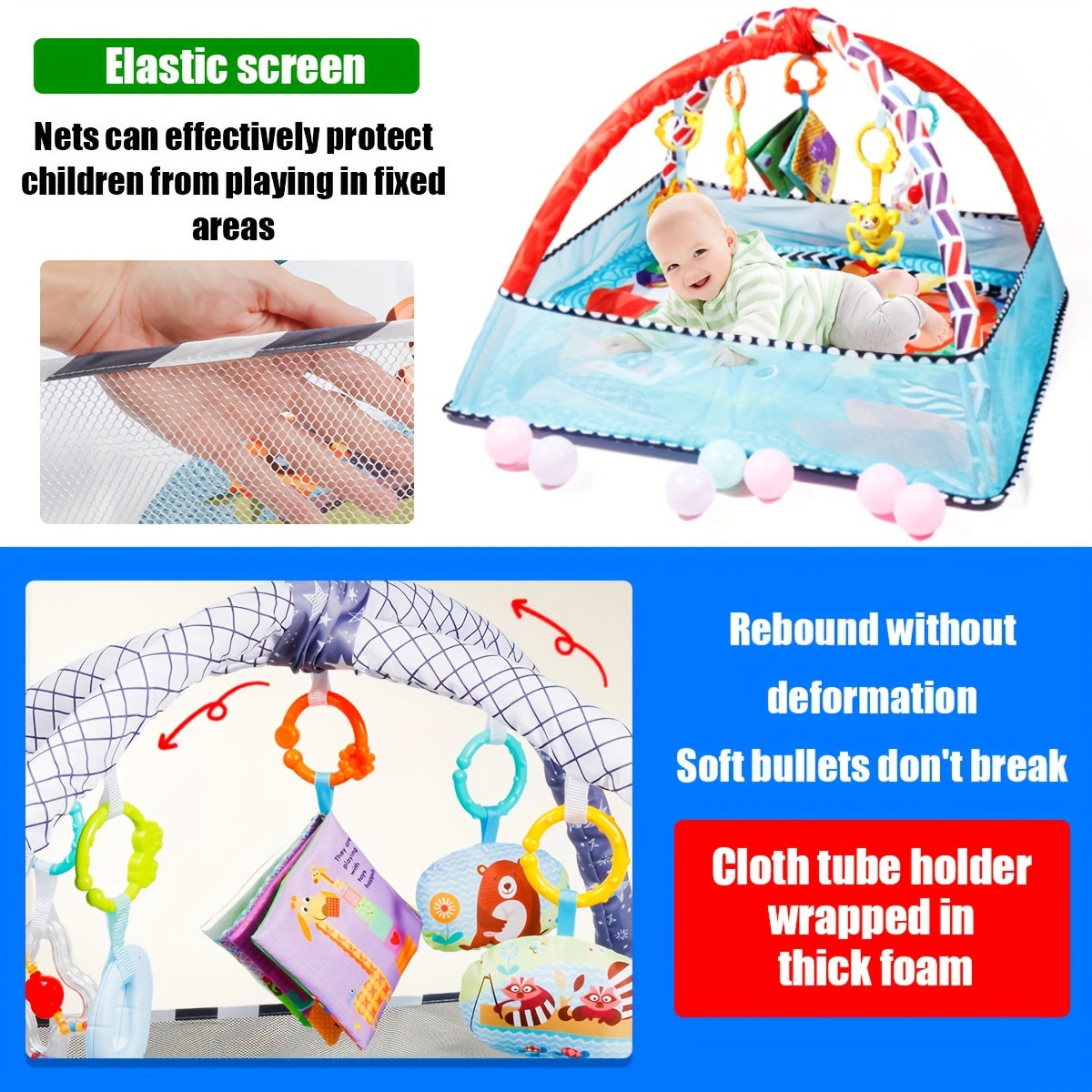 Baby Playpen Gym for Infants with Hanging Toys and Activity Mat, Tummy Time Crawling Exercise