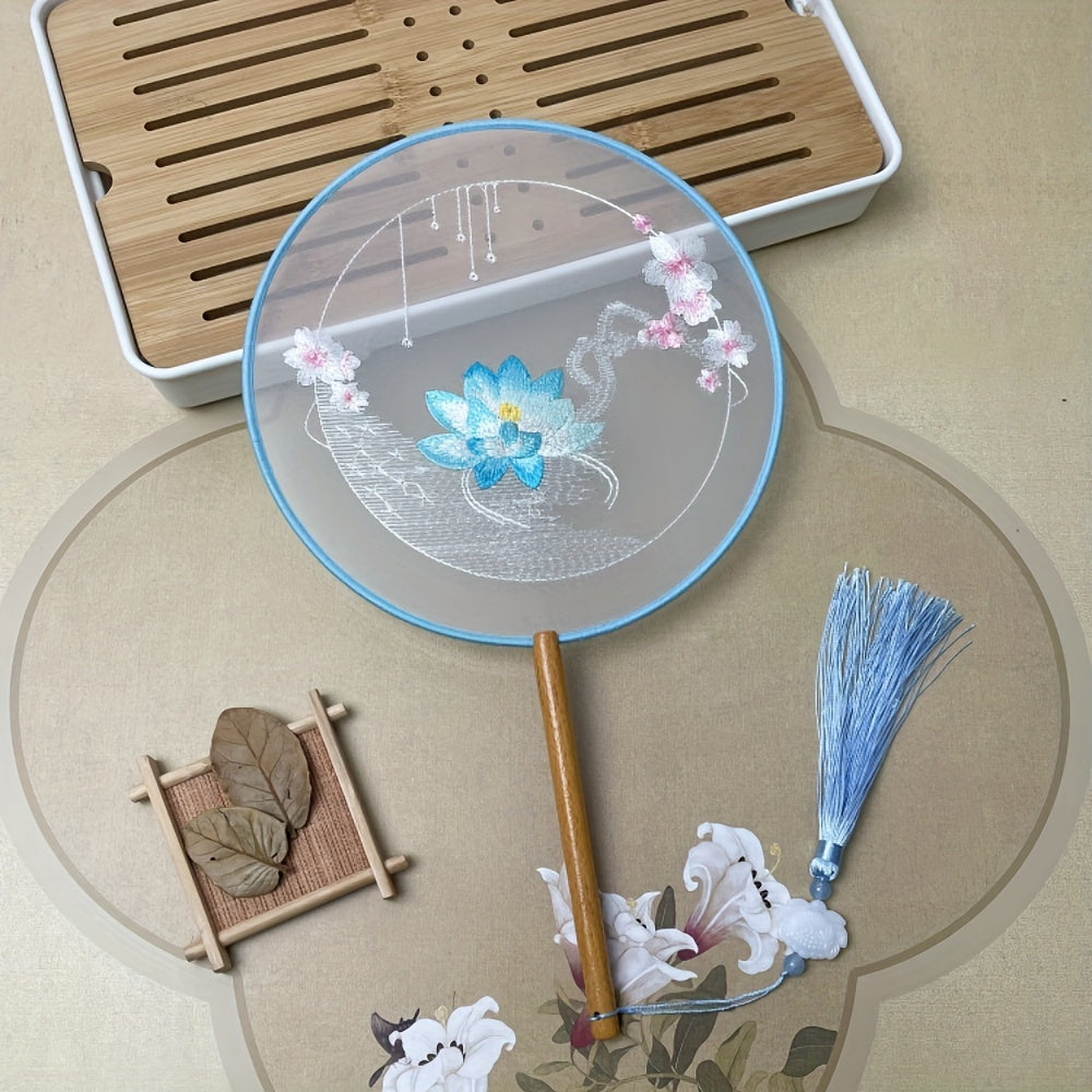 Silk Embroidered Fan with Tassel Flower for Home Travel School Office