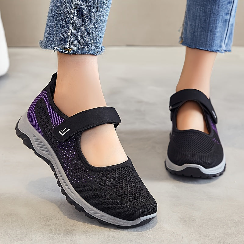 Women's Breathable Knit Sneakers Casual Low-Top Running Shoes with Hook-and-Loop