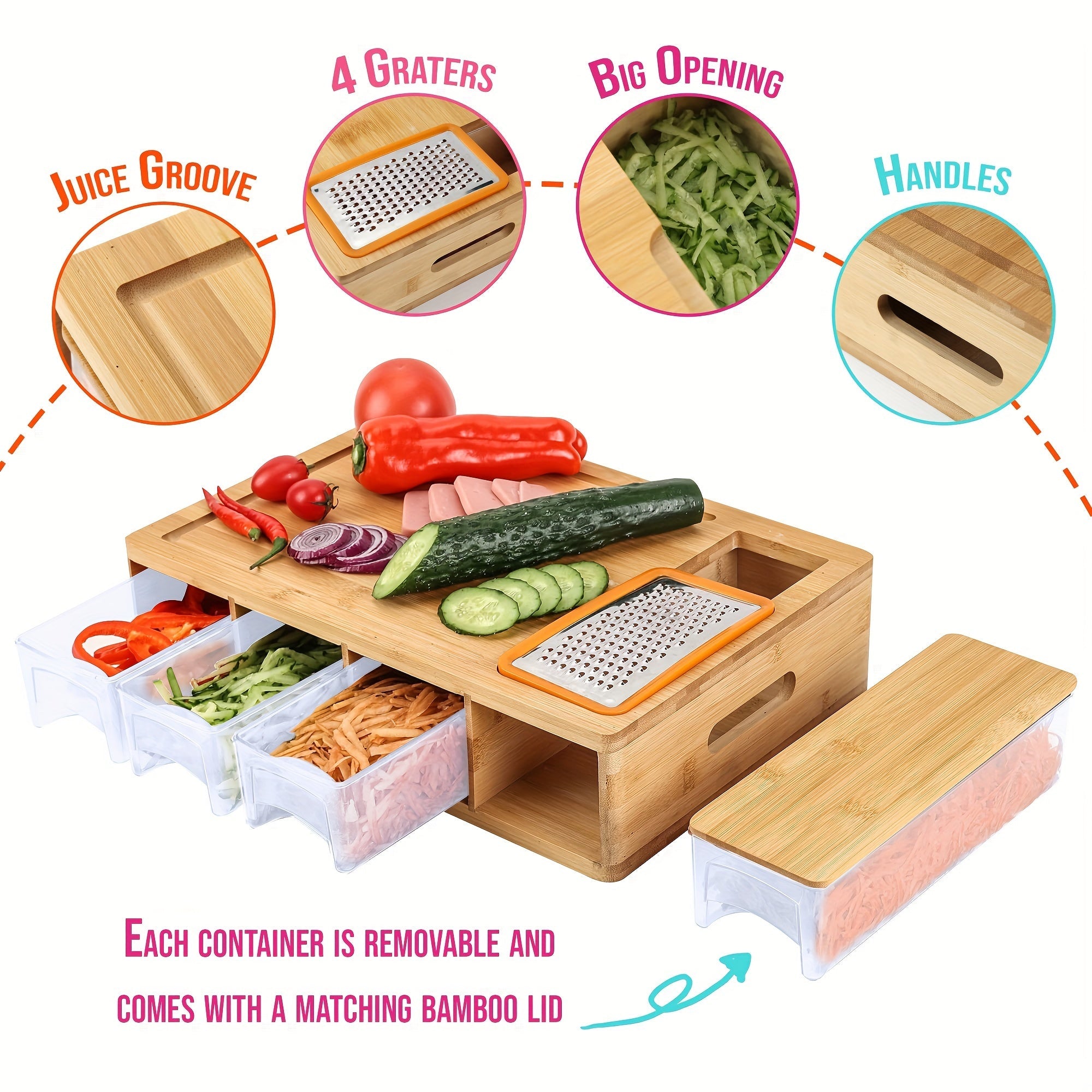 Bamboo Cutting Board Set with Containers, Graters, and Lidded Trays