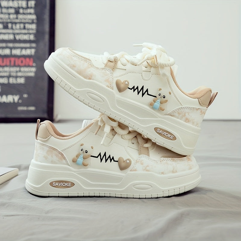 Women's White Mid-Top Sneakers with Cushioned PVC Sole and Heart Stripes