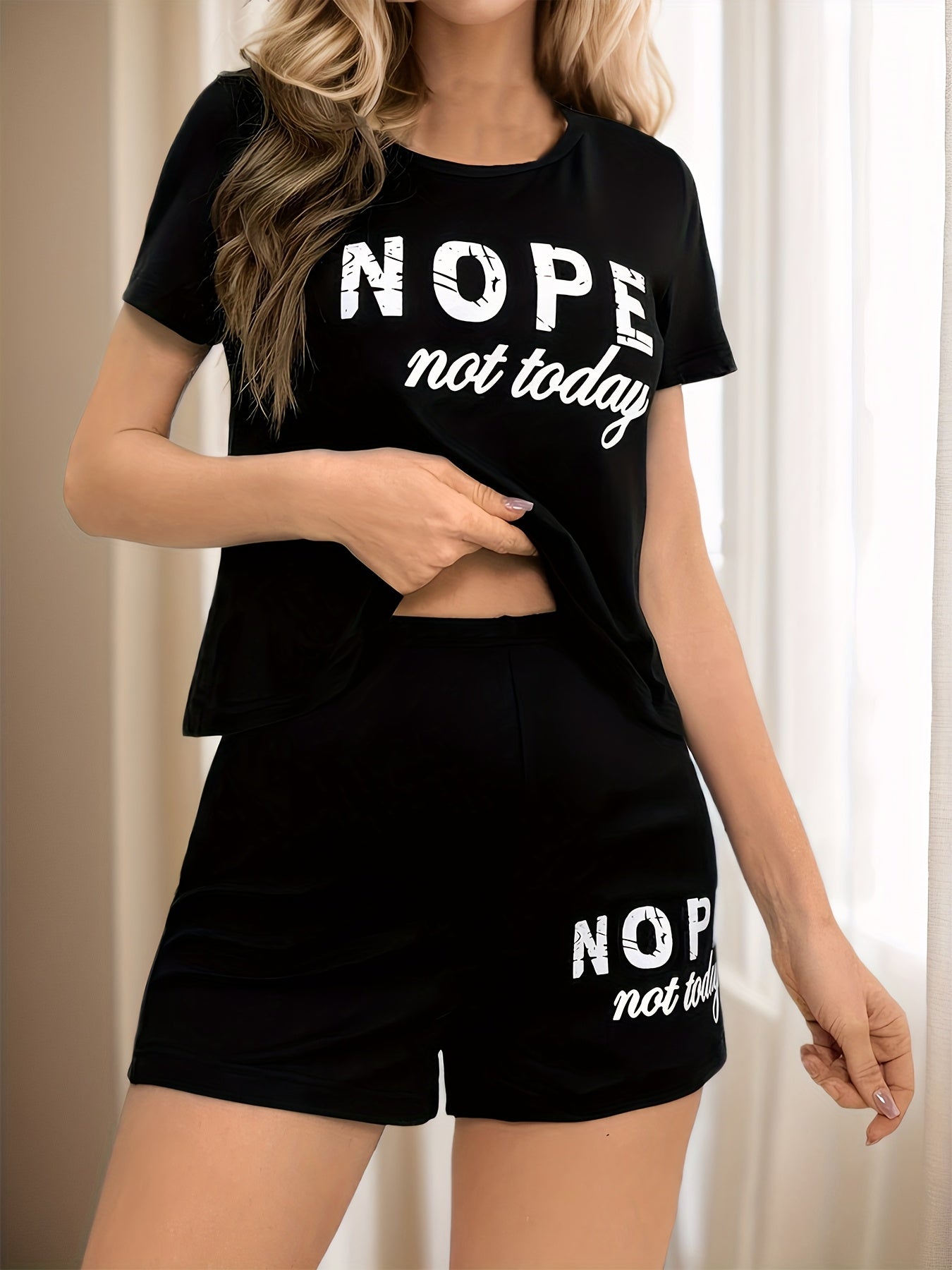 Valentine's Day Pajama Set with "NOPE Not Today" Letter Print Crew Neck Knit Fabric All-Season Comfort