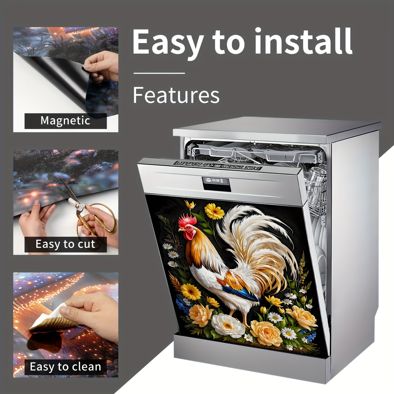 Наклейка на стену Farmhouse Kitchen Decal Rooster Floral Wreath PVC 58x66 см для холодильника и посудомоечной машины, декор