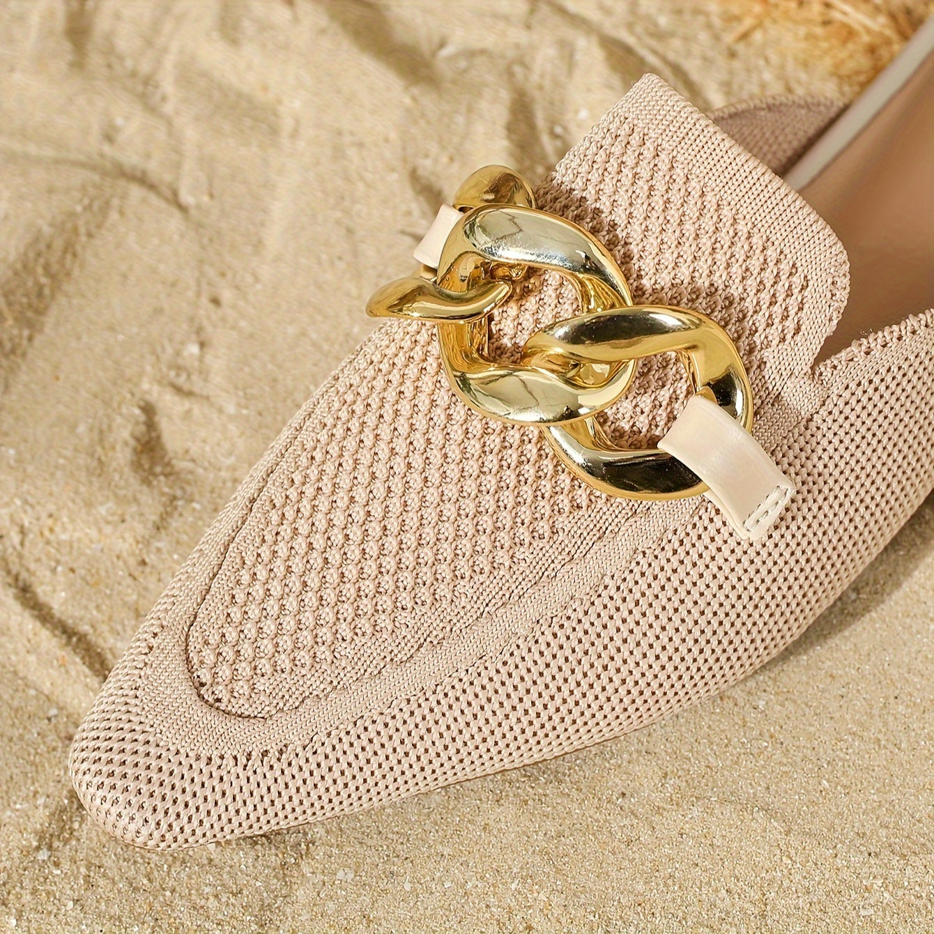 Women's Knitted Mules with Metallic Chain, Breathable Slip-On Shoes