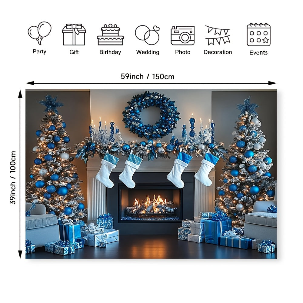 Blue and White Fireplace Backdrop Polyester Decor Multi-Season Wall Covering